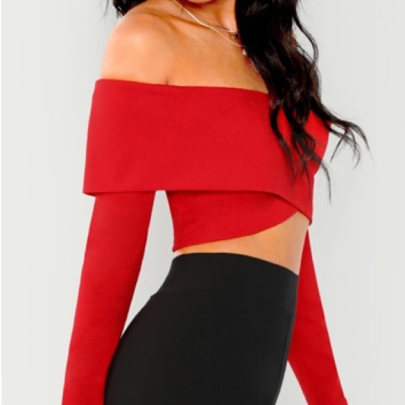 Red Cropped, Off- Shoulder Top Criss-Cross - Picture 4 of 4